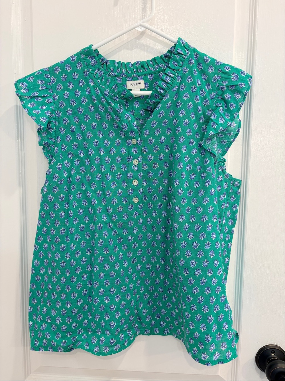 J.Crew Factory Green Floral Ruffle-Sleeve Top